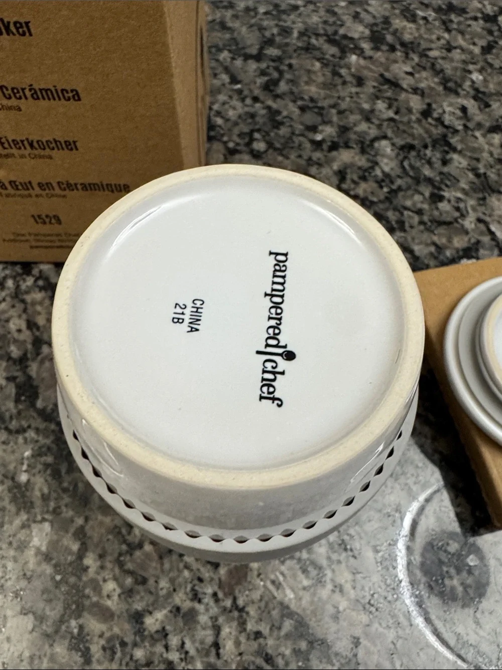 Pampered Chef White Ceramic Egg Cooker with Gray Silicone Grip